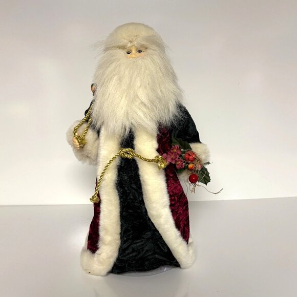 Santa Claus Figurine 16" Red Green Velvet Coat Faux Fur Trim Gold Sack Holiday - Picture 1 of 9